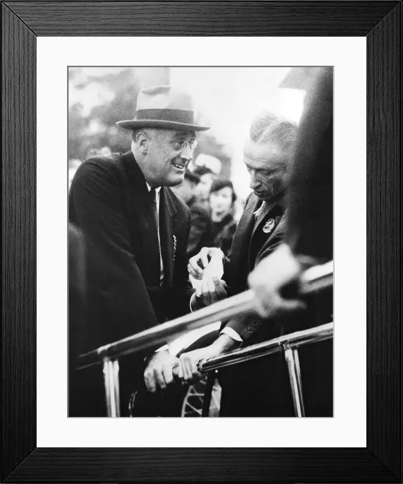 Framed Print : Franklin Roosevelt supporting himself on ramp handles. Warms Springs, 1936. He is assisted by Warm Springs Registrar, Fred Botts. (BSLOC_2013_5_66)