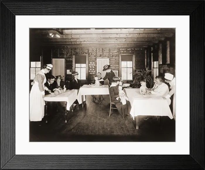 Framed Print : A well baby clinic in Framingham, Massachusetts, provided medical examinations to babies. Ca. 1920