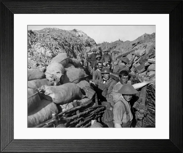 Framed Print : D. W. Griffith wearing a helmet and bow tie, during filming of the motion picture Hearts of the World in France, 1917