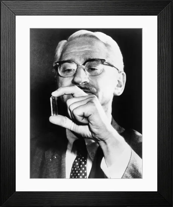 Framed Print : Dr. Albert Sabin (1906-1993), holding vial containing a live-virus vaccine for polio he developed to supplement, and ultimately replace, Jonas Salk's killed virus vaccine Framed Print : Dr. Albert Sabin (1906-1993), holding vial containing a live-virus vaccine for polio he developed to supplement, and ultimately replace, Jonas Salk's killed virus vaccine