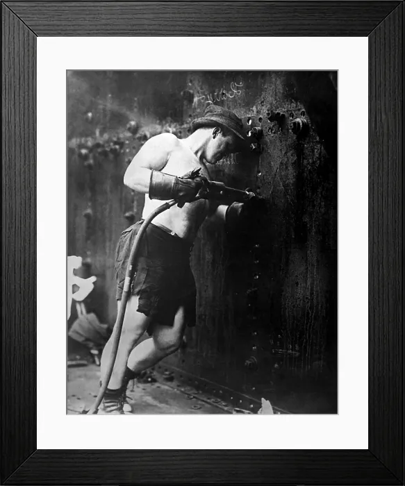 Framed Print : Muscular riveter at work at Hog Island Shipyard during World War I. Philadelphia, Pa. 1918