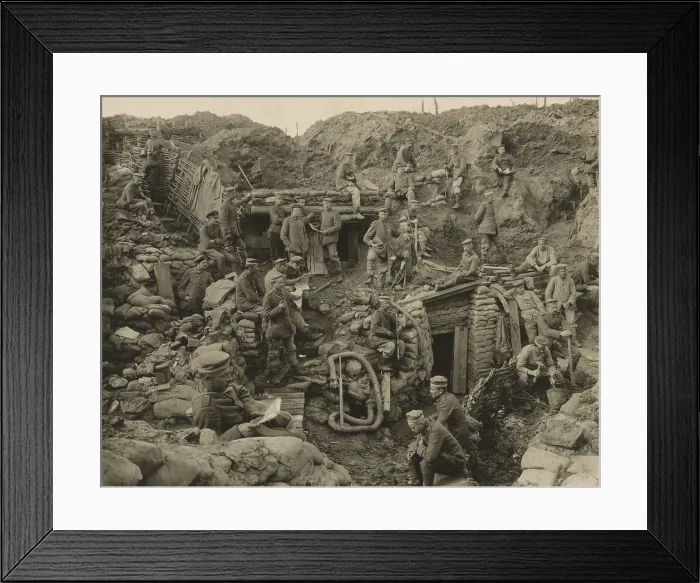 Framed Print : German soldiers relaxing in an extensive, multi-level trench with showing reinforced walls and several underground shelters Framed Print : German soldiers relaxing in an extensive, multi-level trench with showing reinforced walls and several underground shelters