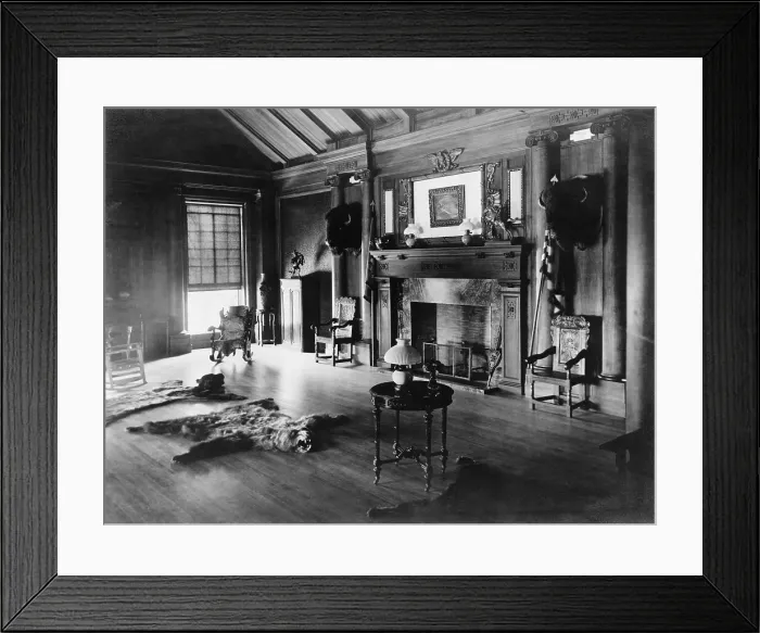 Framed Print : Trophy room at Sagamore Hill, summer home of President Theodore Roosevelt, with bison heads and a bearskin rug in front of a fireplace. Ca. 1905 Framed Print : Trophy room at Sagamore Hill, summer home of President Theodore Roosevelt, with bison heads and a bearskin rug in front of a fireplace. Ca. 1905