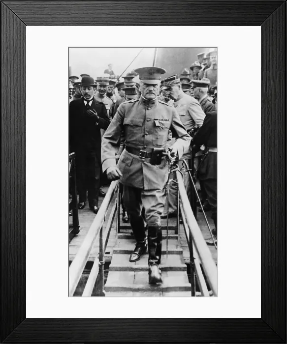Framed Print : General John Pershing, the American Commander in Europe during World War 1 arriving in France with the first American soldiers. June 13, 1917 Framed Print : General John Pershing, the American Commander in Europe during World War 1 arriving in France with the first American soldiers. June 13, 1917