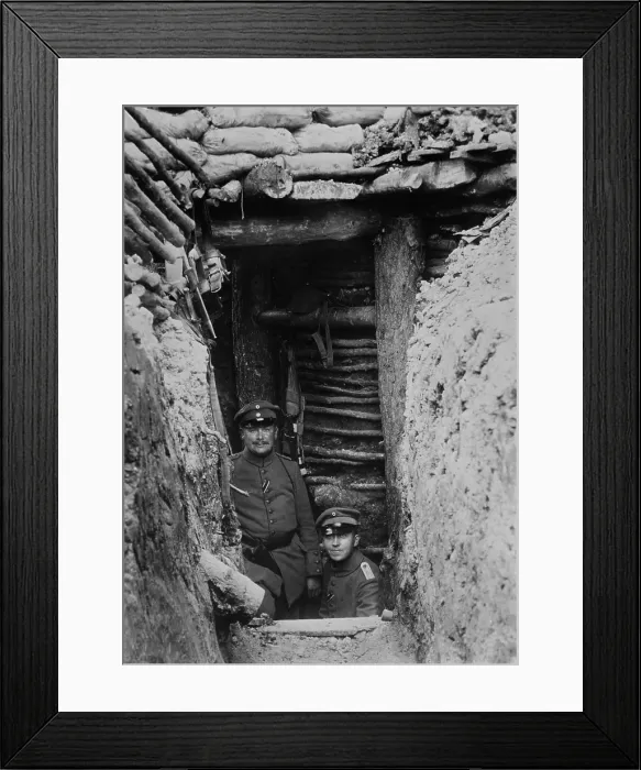 Framed Print : World War 1. German Bomb-proof shelter, five yards deep. On the Western Front, German trenches were the most developed and effective at protecting troops from enemy artillery
