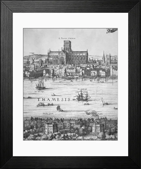 Framed Print : London during Elizabeth I's reign (17th c.). River Thames and St Paul's cathedral, before being remodeled in 1666. Engraving. UNITED KINGDOM. London. Museum of London