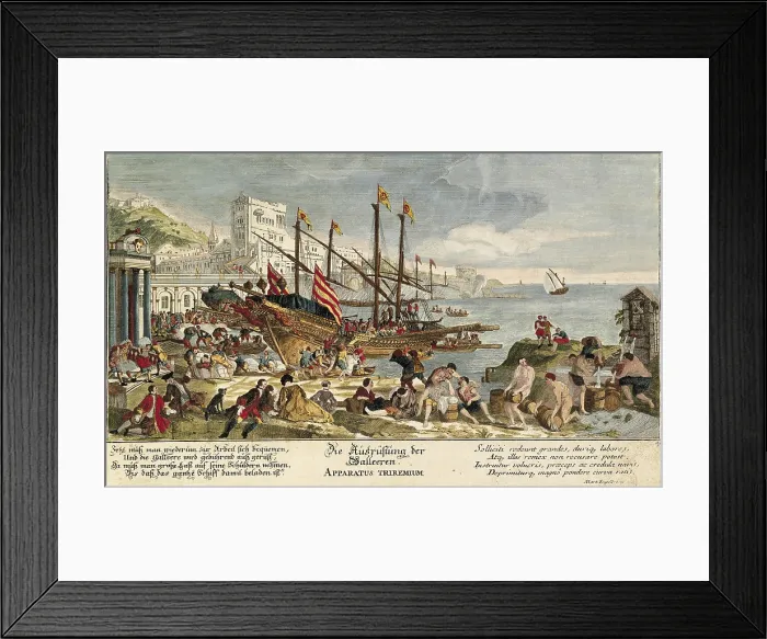 Framed Print : Apparatus triremium Supply of food and water in galleys. 18th c. Copper engraving by Martin Engelbrecht (1684-1756) after drawing of Jacques Rigaud (1680-1754). Early Modern Era