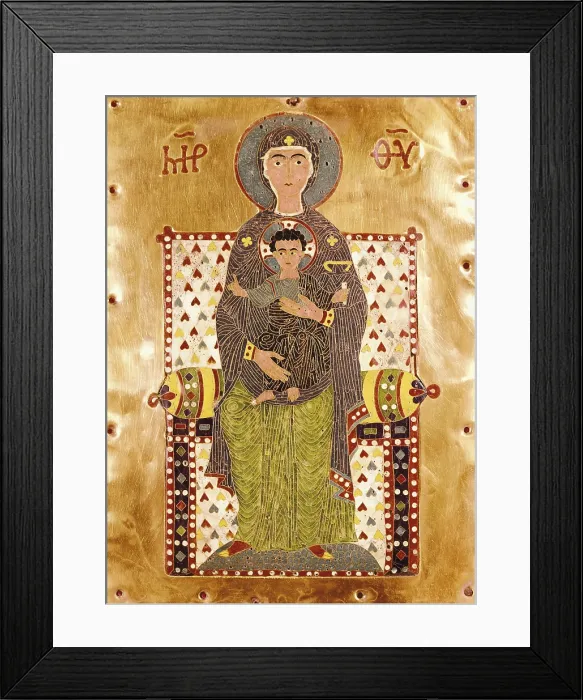 Framed Print : Plaque depicting an enthroned Virgin Mary (Theotocos Virgin). 10th c. Made of enamel and gold in Byzantium. Byzantine art. Enamel. SPAIN. Madrid. LAzaro Galdiano Foundation