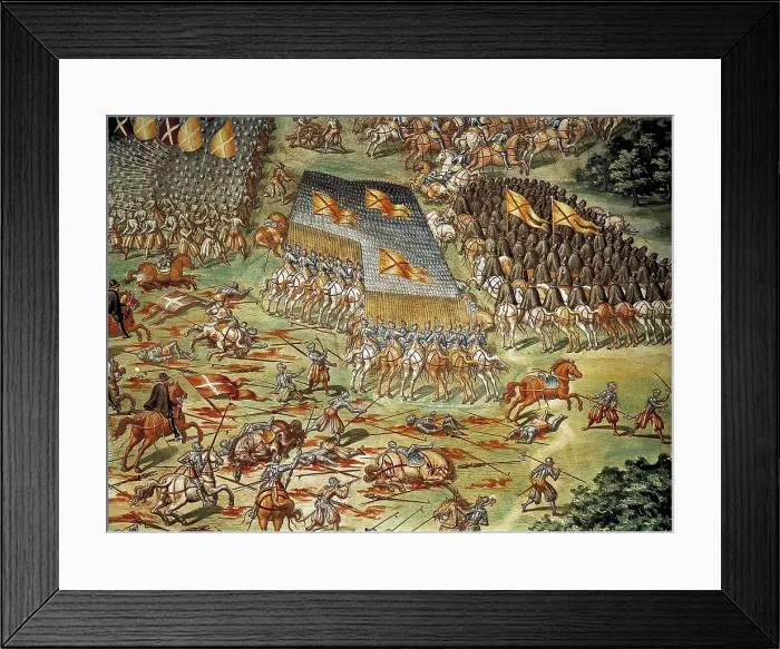 Framed Print : CASTELLO, Fabrizio (1562-1617). Battle of St. Quentin. 1590-1591. The spanish troops defeated the french of Henry II in 1557. Detail. Cavalry attack