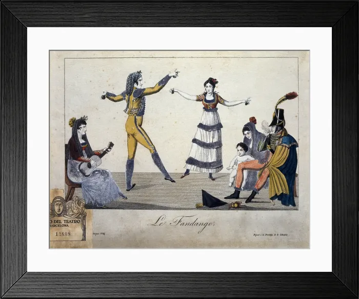 Framed Print : Illustration depicting a 'fandango' (traditional music and dance). France. Costumbrism. ; Romanticism. Engraving. SPAIN. Barcelona. Theatre Museum Framed Print : Illustration depicting a 'fandango' (traditional music and dance). France. Costumbrism. ; Romanticism. Engraving. SPAIN. Barcelona. Theatre Museum