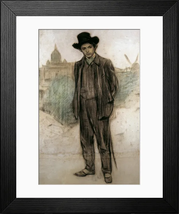 Framed Print : CASAS i CARBO, Ramon (1866-1932). Portrait of Pablo Picasso. 1900. Charcoal and conte crayon highlighted in pastel. Modernism. Drawing. SPAIN. Barcelona