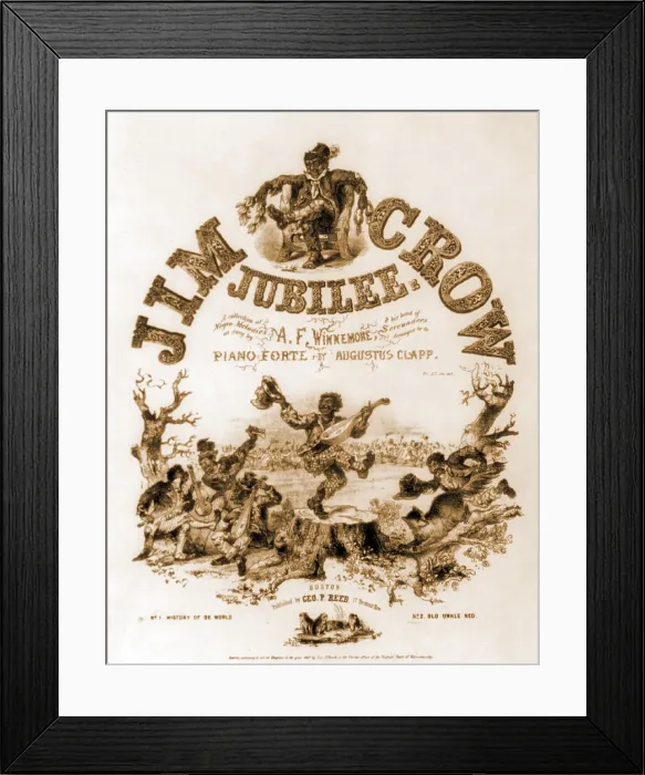 Framed Print : Sheet music cover titled, JIM CROW JUBILEE, of Negro Melodies illustrated with caricatures of ragged African American musicians and dancers