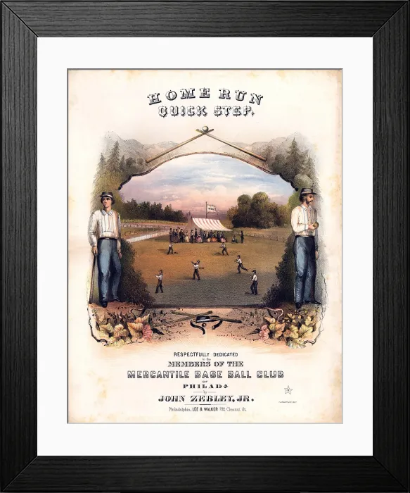 Framed Print : Sheet music cover showing baseball players on the field and spectators under the tent of the Mercantile Base Ball Club of Philadelphia. 1861