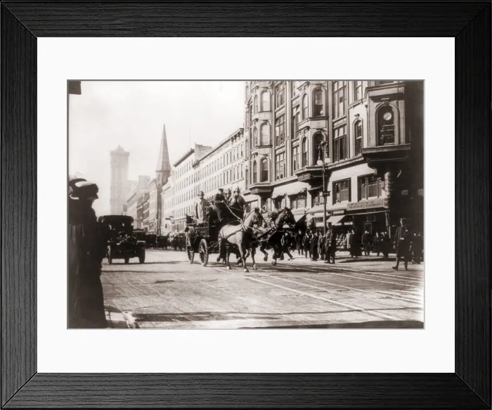 Framed Print : Horse-drawn fire engines in street, on their way to the Triangle Shirtwaist Company fire, New York City Framed Print : Horse-drawn fire engines in street, on their way to the Triangle Shirtwaist Company fire, New York City