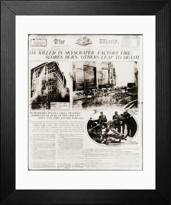 Framed Print : Triangle Shirtwaist Company fire reported on the front page of The New York World newspaper for March 16, 1911 Framed Print : Triangle Shirtwaist Company fire reported on the front page of The New York World newspaper for March 16, 1911