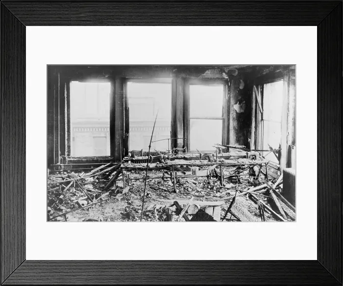 Framed Print : Triangle Shirtwaist Factory interior, with destroyed sewing machines, gutted by a fire that killed 146 on March 15, 1911