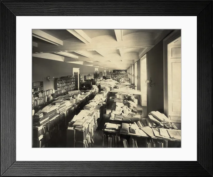 Framed Print : Clutter of books submitted for copyright registration at the in the Copyright Office in the Library of Congress Jefferson building. Ca. 1920 Framed Print : Clutter of books submitted for copyright registration at the in the Copyright Office in the Library of Congress Jefferson building. Ca. 1920