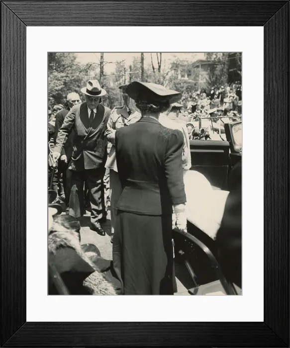 Framed Print : Franklin Roosevelt walks with assistance in Staunton, Virginia. May 4, 1941. FDR was at the dedication ceremony for the Home of Woodrow Wilson