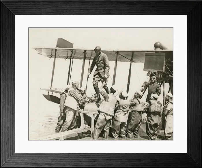 Framed Print : Franklin Roosevelt, Asst. Navy Sec. leaves a seaplane at Pauillac, France. 1918. He was on a WW1 tour of U.S. Navy facilities in Europe. (BSLOC_2013_5_73)