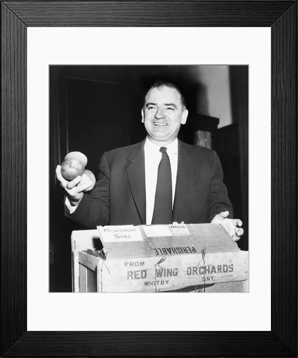 Framed Print : Joseph McCarthy (1908-1957), laughing as he holds three northern Spy apples sent to the famous hunter of Communist infiltrators in a light-hearted practical joke. Dec. 3, 1953 Framed Print : Joseph McCarthy (1908-1957), laughing as he holds three northern Spy apples sent to the famous hunter of Communist infiltrators in a light-hearted practical joke. Dec. 3, 1953