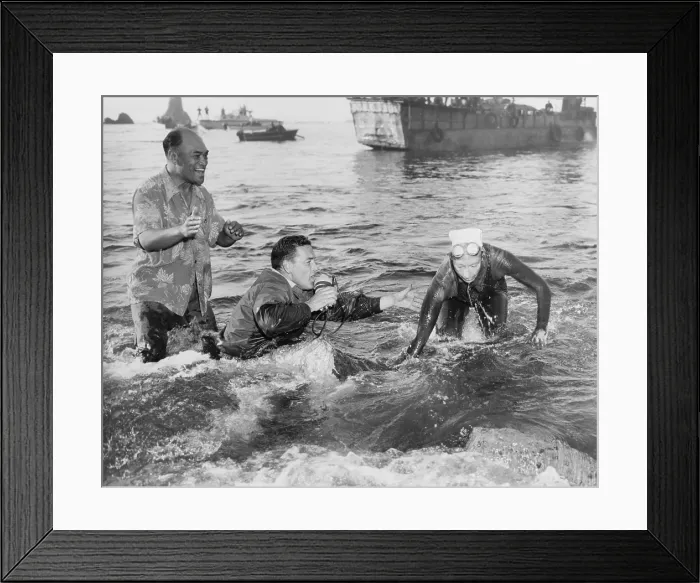 Framed Print : Florence Chadwick, (1918-1995), finishes a swim across Catalina Channel, in 1952. Previously, she broke world records for her English Channel crossings