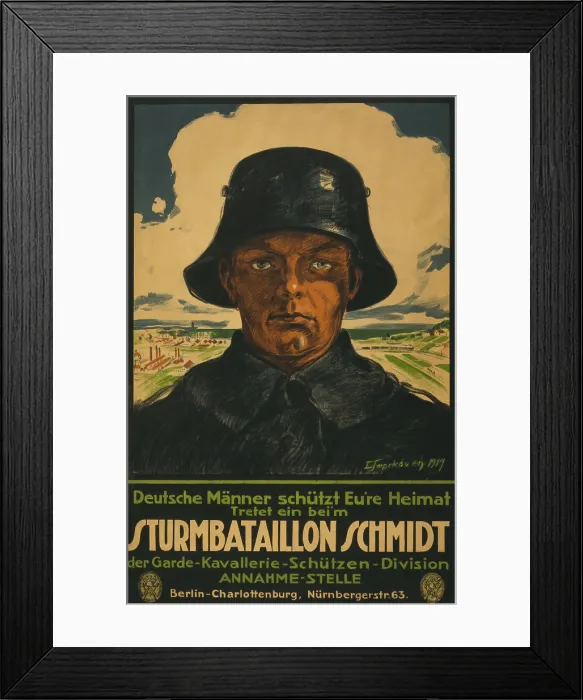 Framed Print : German recruiting poster showing a soldier against a background landscape. The text encourages German men to protect the country and enlist in Storm Battalion Schmidt. 1919 Framed Print : German recruiting poster showing a soldier against a background landscape. The text encourages German men to protect the country and enlist in Storm Battalion Schmidt. 1919
