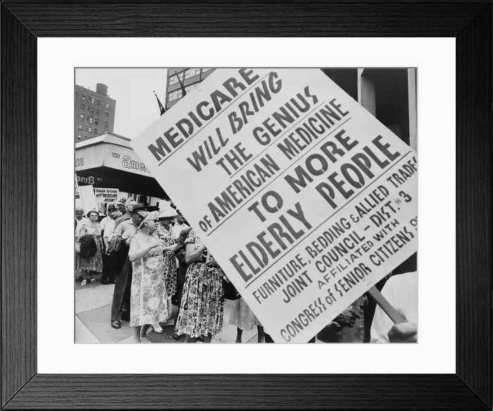 Framed Print : Retired senior citizens carrying pro-Medicare signs, picket outside the Hotel Americana during the American Medical Association's 114th annual convention in 1965 Framed Print : Retired senior citizens carrying pro-Medicare signs, picket outside the Hotel Americana during the American Medical Association's 114th annual convention in 1965
