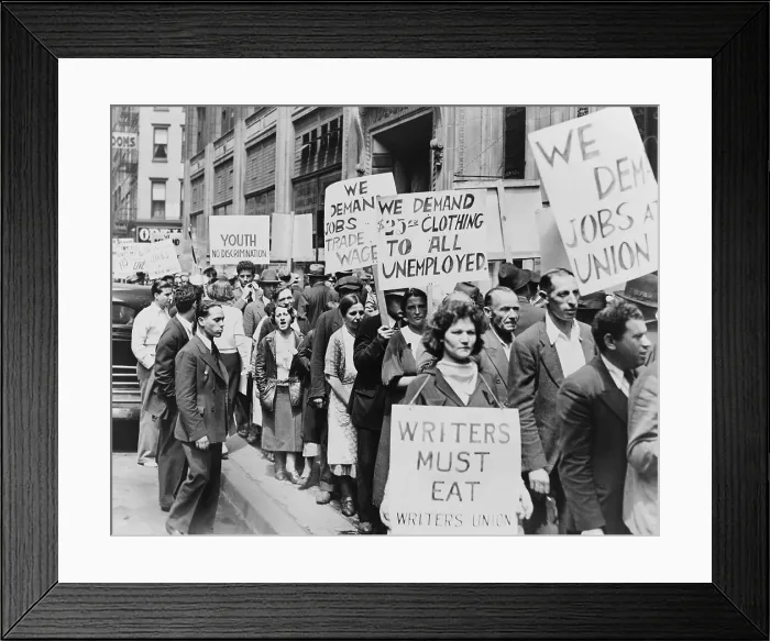 Framed Print : Unemployed New Yorkers demonstrate with signs in front of Emergency Relief Building in 1935. Signs demand clothing, pay at union wages, and jobs for youths Framed Print : Unemployed New Yorkers demonstrate with signs in front of Emergency Relief Building in 1935. Signs demand clothing, pay at union wages, and jobs for youths