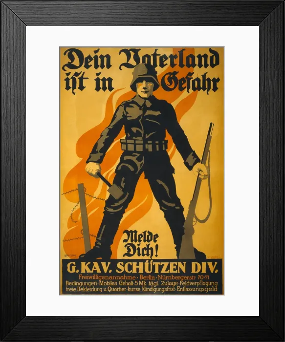 Framed Print : World War 1. German recruiting poster depicting a German soldier, holding a grenade and a rifle; in background is a barbed wire fence and flames
