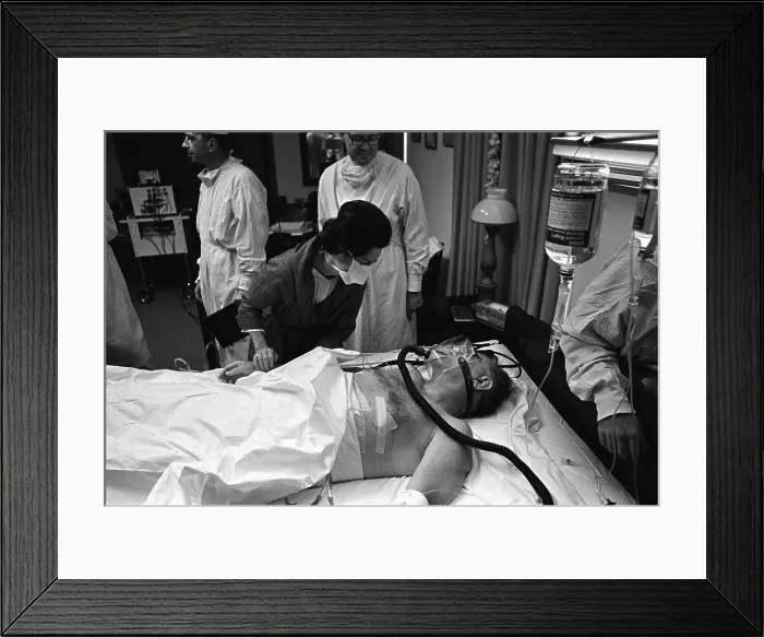 Framed Print : President Johnson after surgery. Lady Bird Johnson speaks with President Johnson following gall bladder surgery at Bethesda Naval Hospital. Oct. 8, 1965 Framed Print : President Johnson after surgery. Lady Bird Johnson speaks with President Johnson following gall bladder surgery at Bethesda Naval Hospital. Oct. 8, 1965