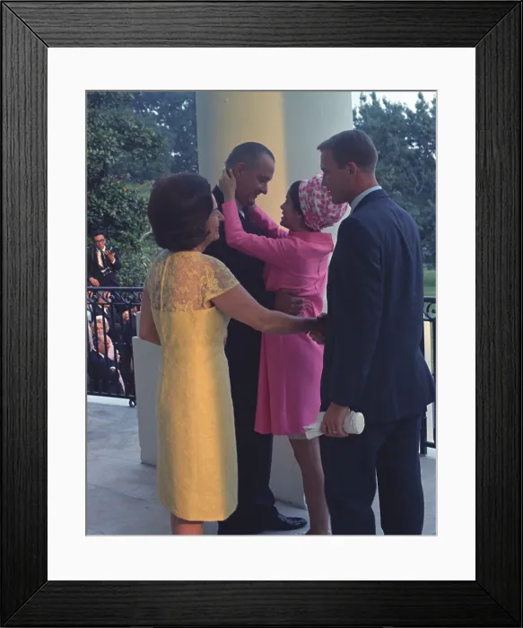 Framed Print : Newlyweds Luci and Patrick Nugent say goodbye to the President and First Lady as they leave for their honeymoon. August 6, 1966