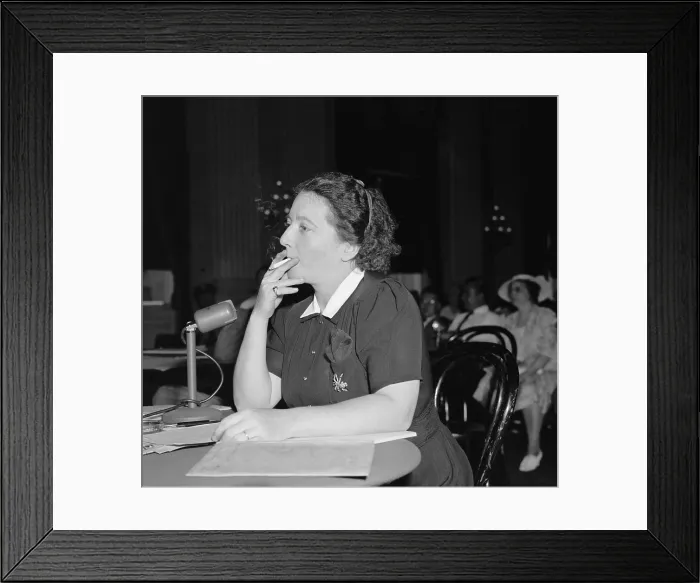 Framed Print : Hazel Huffman, testifying against the WPA Theater Project. As a WPA mail room clerk she snitched to the Red-baiting Hearst Press