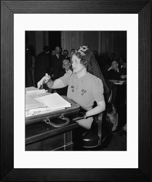 Framed Print : Elizabeth Dilling, far right wing activist, before Senate. She assailed all liberals, all Roosevelt's, and Felix Frankfurter's Supreme Court nomination. Jan 11, 1939