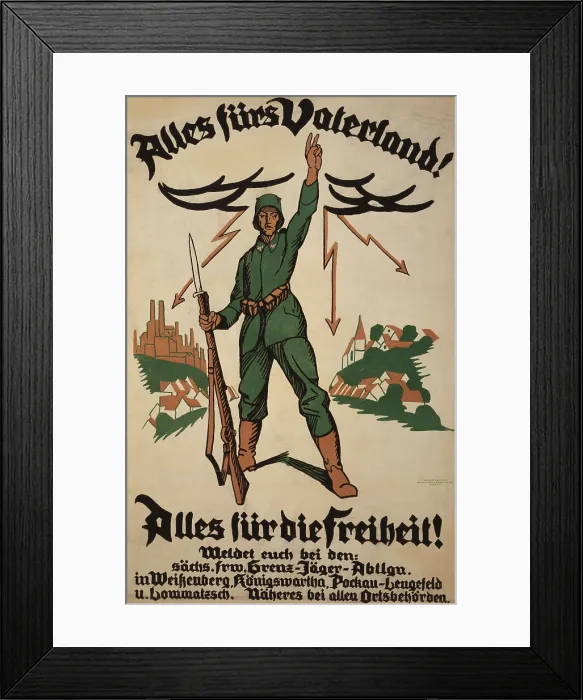 Framed Print : World War 1. German recruiting poster showing a German soldier with rifle in one hand and the other raised in the V sign Framed Print : World War 1. German recruiting poster showing a German soldier with rifle in one hand and the other raised in the V sign