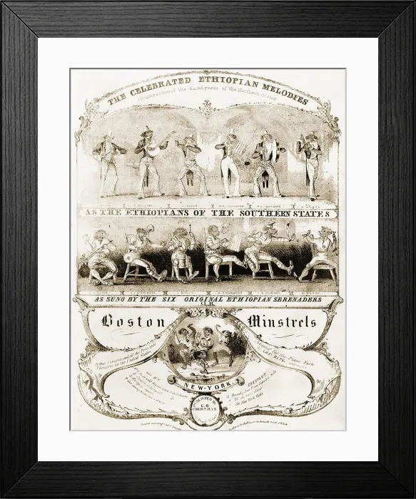Framed Print : Sheet music cover illustrated with caricatures of six minstrels in two scenes