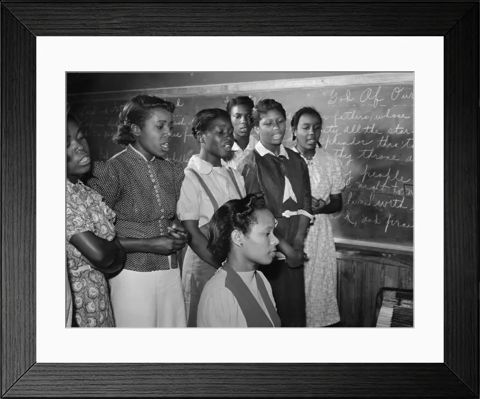 Framed Print : Music class of African American girls practicing songs for May Day-Health Day festivities. Flint River Farms, Georgia. 1939