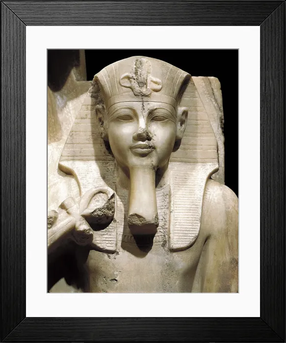 Framed Print : Amenhotep III and God Sobek. s.XIV BC. Right detail with the image of Amenhotep III. 18th Dynasty. Egyptian art. New Kingdom. Sculpture on rock. EGYPT. Luxor. Luxor Museum
