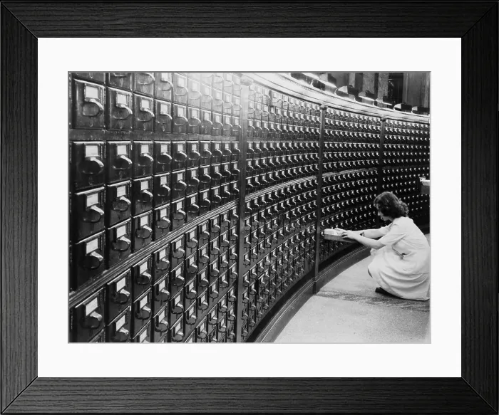 Framed Print : Woman using the card catalog at the Main Reading Room of the Library of Congress, ca. 1940 Framed Print : Woman using the card catalog at the Main Reading Room of the Library of Congress, ca. 1940