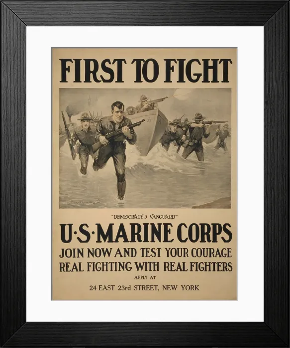 Framed Print : World War 1. American recruiting poster showing marines storming a beach