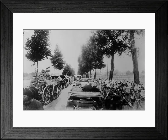 Framed Print : World War 1. German soldiers on the way to the front Belgium during World War I. 1914