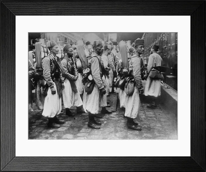 Framed Print : Algerian soldiers arriving at French railroad station during World War I. Army of Africa troops from Algeria, Tunisia and Morocco served in France at the outbreak of war in 1914