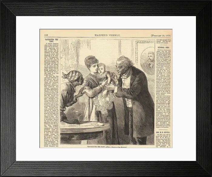 Framed Print : Vaccinating the baby against smallpox in New York ca. 1870. The baby is held by its mother as an African American women observes with concern