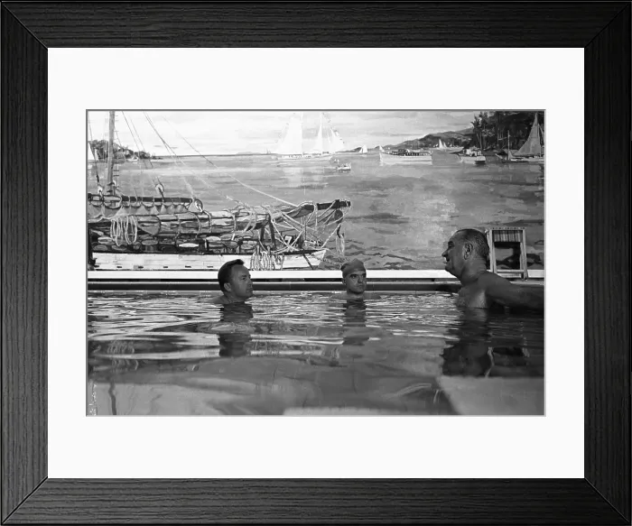 Framed Print : LBJ in the White House Swimming pool. Lloyd Hand, Jack Valenti, President Lyndon Johnson swimming. Aug. 12, 1965 Framed Print : LBJ in the White House Swimming pool. Lloyd Hand, Jack Valenti, President Lyndon Johnson swimming. Aug. 12, 1965