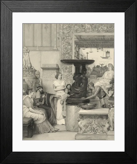 Framed Print : Print based on a Lawrence Alma Tadema (1836-1912) painting, showing a Roman family of men, women, and children admiring a sculpture on a pedestal being rotated by a slave