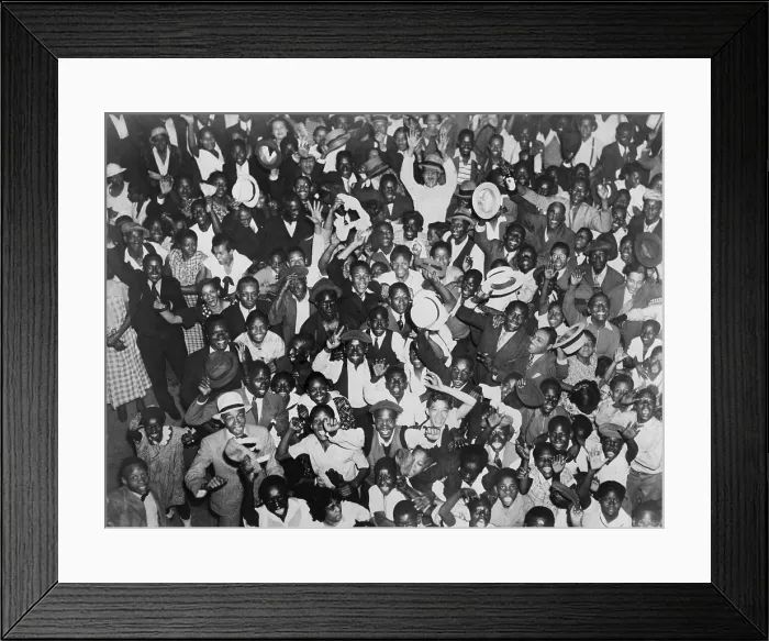 Framed Print : Harlem crowd celebrating African American boxer, Joe Louis victory against former heavyweight champion, Primo Carnera. June 19, 1935 Framed Print : Harlem crowd celebrating African American boxer, Joe Louis victory against former heavyweight champion, Primo Carnera. June 19, 1935