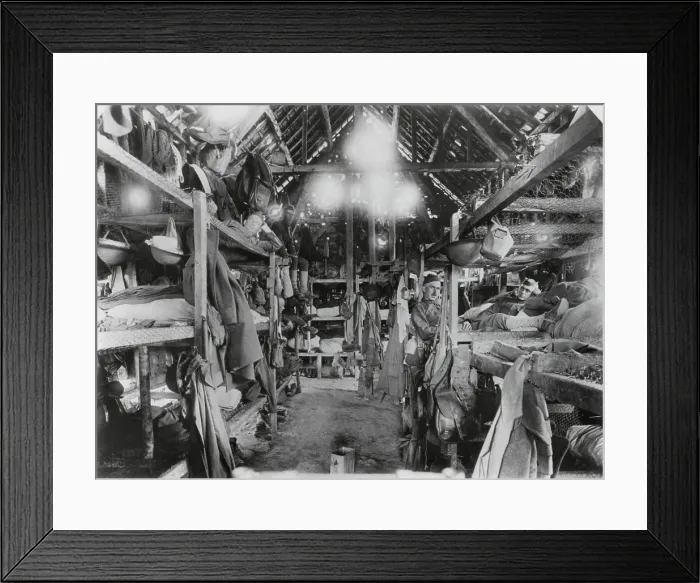 Framed Print : Barracks of WW1 American soldiers in France. July 19, 1918. The 305th M.P. Train, Company A, were billeted in a old wood building in Beauval, France. (BSLOC_2012_4_158)