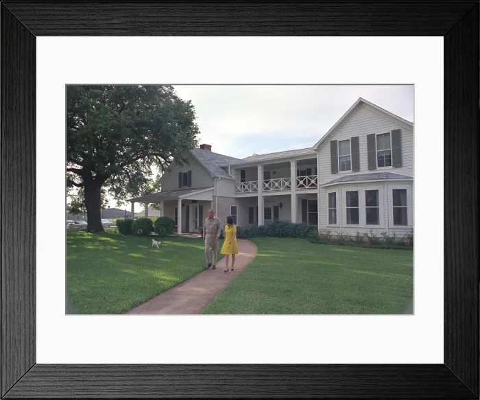 Framed Print : President Lyndon Johnson, Lady Bird, and their dog Yuki in front of their House on the LBJ Ranch. May 15, 1968 Framed Print : President Lyndon Johnson, Lady Bird, and their dog Yuki in front of their House on the LBJ Ranch. May 15, 1968