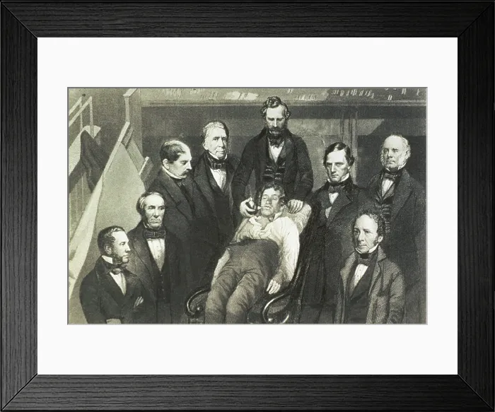 Framed Print : Dr. William T.G. Morton administering ether to a patient, Gilbert Abbott, who will undergo surgery for a tumor in the neck at Massachusetts General Hospital on October 16, 1846 Framed Print : Dr. William T.G. Morton administering ether to a patient, Gilbert Abbott, who will undergo surgery for a tumor in the neck at Massachusetts General Hospital on October 16, 1846
