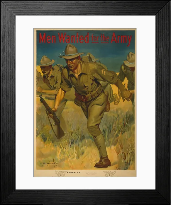 Framed Print : World War 1. American Army recruiting poster showing soldiers with rifles charging. It reads, Men Wanted for the Army. 1914 Framed Print : World War 1. American Army recruiting poster showing soldiers with rifles charging. It reads, Men Wanted for the Army. 1914