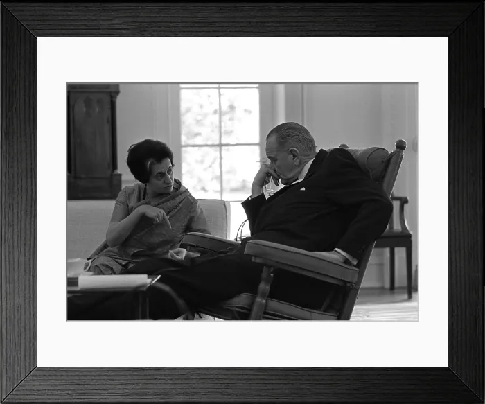 Framed Print : President Lyndon Johnson meeting with Indian Prime Minister, Indira Gandhi. Gandhi, the daughter of Jawaharlal Nehru, became PM on two months earlier. March 28, 1966 Framed Print : President Lyndon Johnson meeting with Indian Prime Minister, Indira Gandhi. Gandhi, the daughter of Jawaharlal Nehru, became PM on two months earlier. March 28, 1966